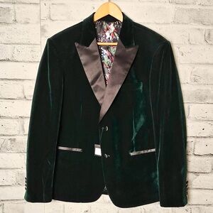 JH Design Green Velvet Tuxedo Blazer Floral Satin Lining 44R Mens